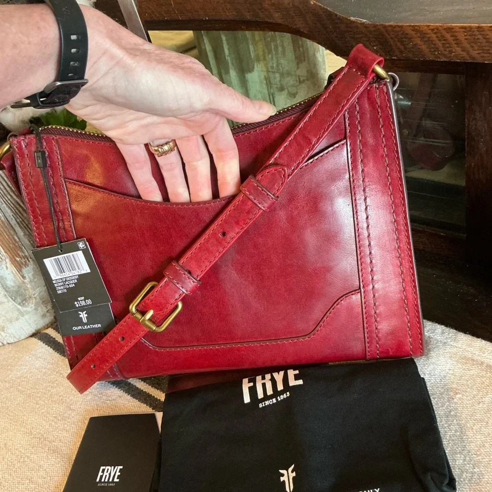 NWT Frye Leather Melissa Zip Top Saddle Crossbody Berry Lacquer Red MSRP $198